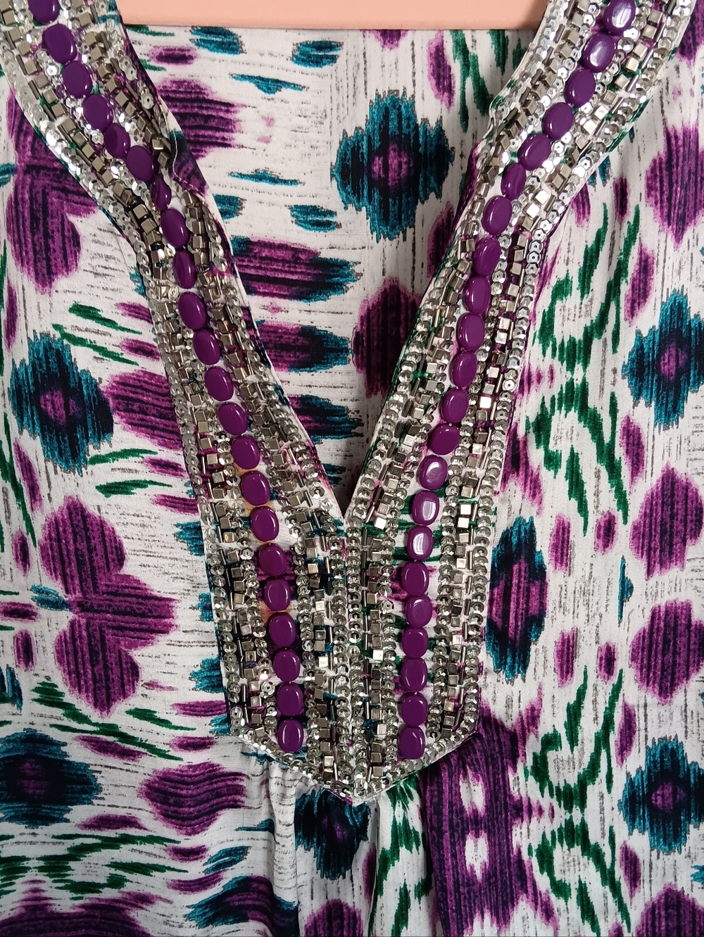 Jones New York Purple, Green & Teal Patterned Beaded Tunic Lightweight - Picture 2 of 5